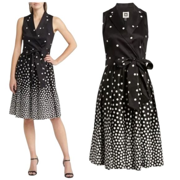 AnneKlein Cotton Fit Flare Faux Wrap Black White Polka Dot Midi Dress Us6 Medium - Picture 1 of 13
